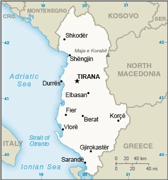 The overview map of the Albanian national land.