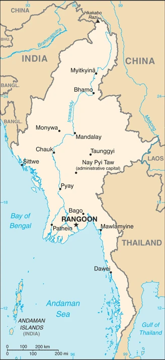 The overview map of the Burmese national land.