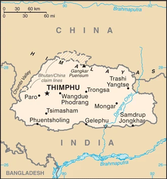 The overview map of the Bhutanese national land.