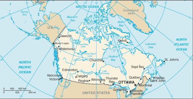 The overview map of the Canadian national land.