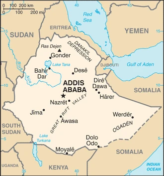 The overview map of the Ethiopian national land.