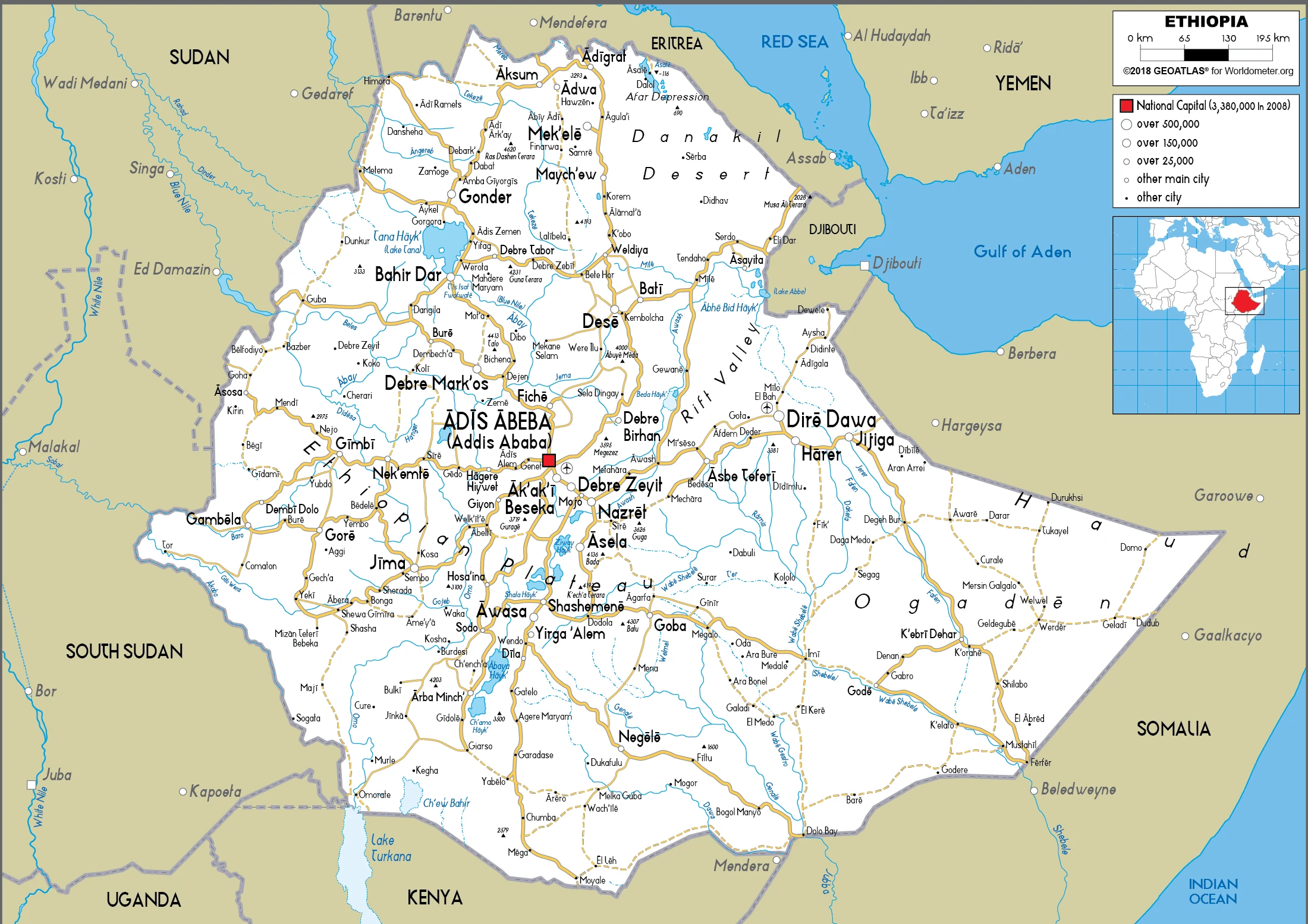 The route plan of the Ethiopian roadways.