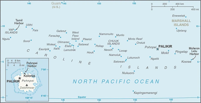 The overview map of the Micronesian; Chuukese, Kosraen(s), Pohnpeian(s), Yapese national land.