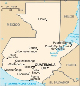 The overview map of the Guatemalan national land.
