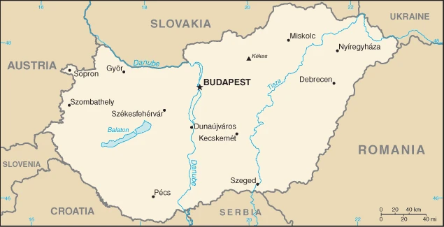 The overview map of the Hungarian national land.