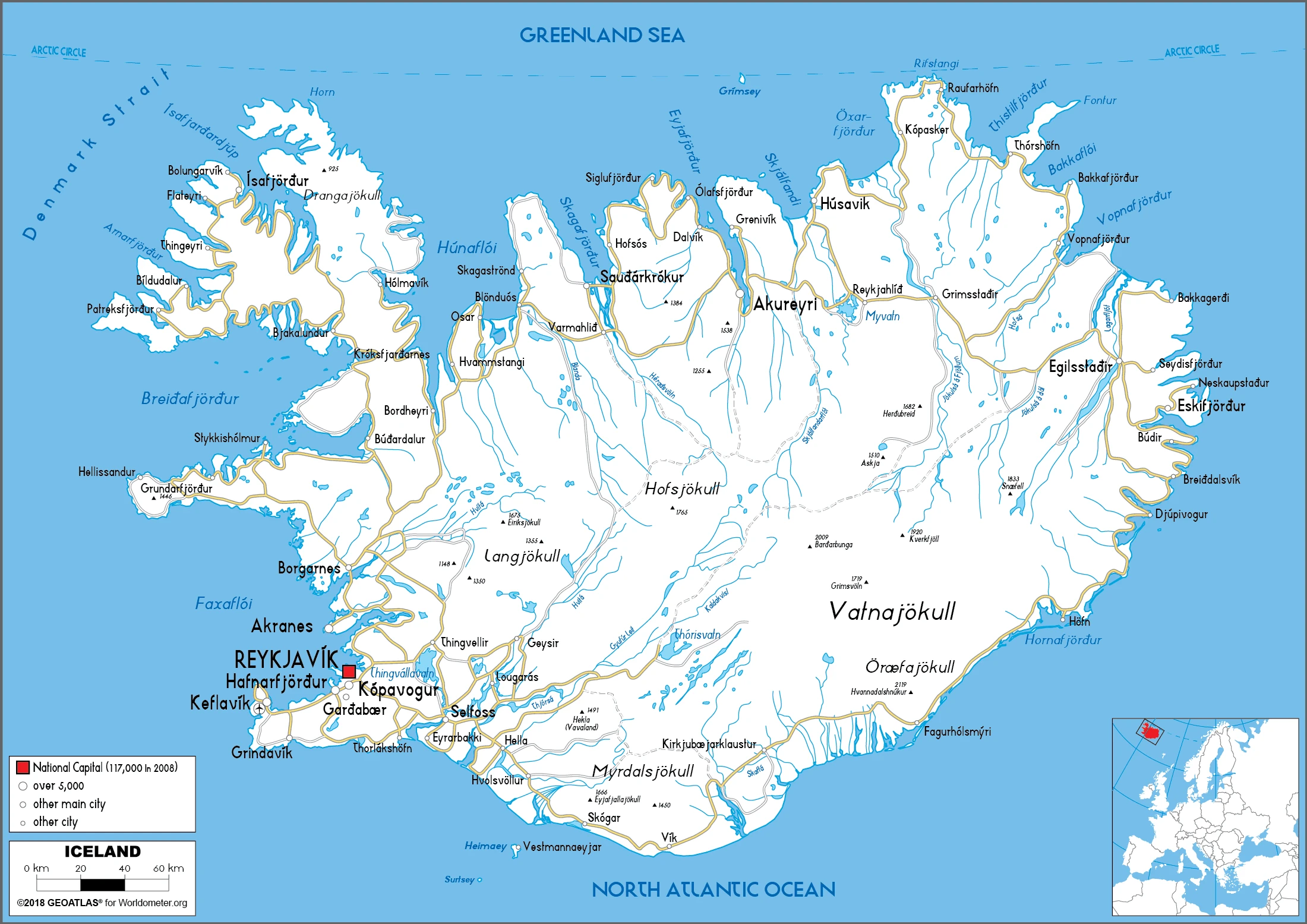The route plan of the Icelandic roadways.