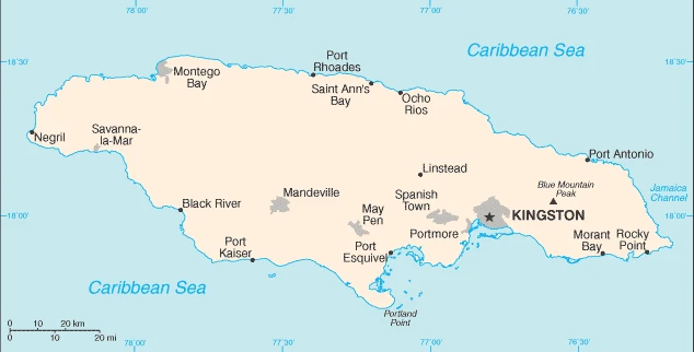 The overview map of the Jamaican national land.