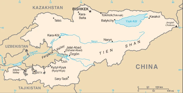 The overview map of the Kyrgyzstani national land.