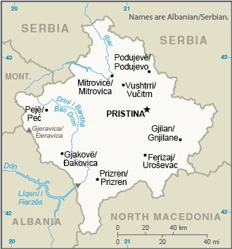 The overview map of the Kosovo national land.