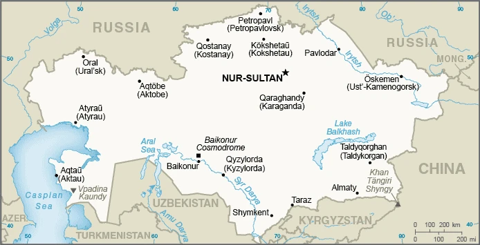 The overview map of the Kazakhstani national land.