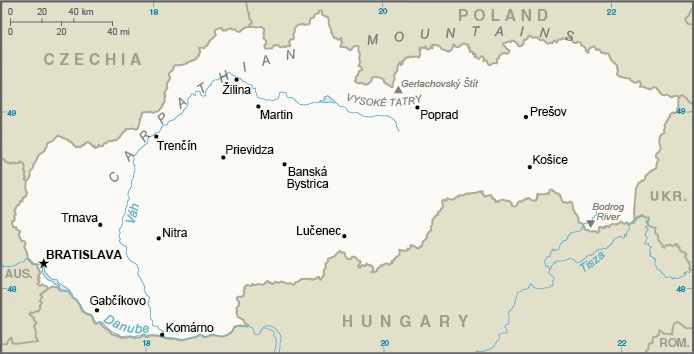 The overview map of the Slovak national land.