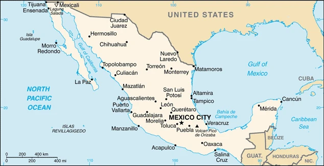 The overview map of the Mexican national land.