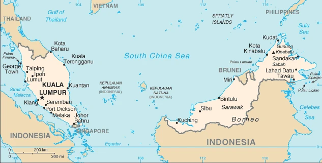 The overview map of the Malaysian national land.