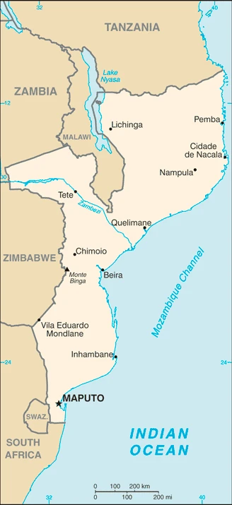 The overview map of the Mozambican national land.