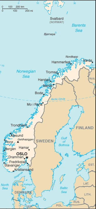 The overview map of the Norwegian national land.