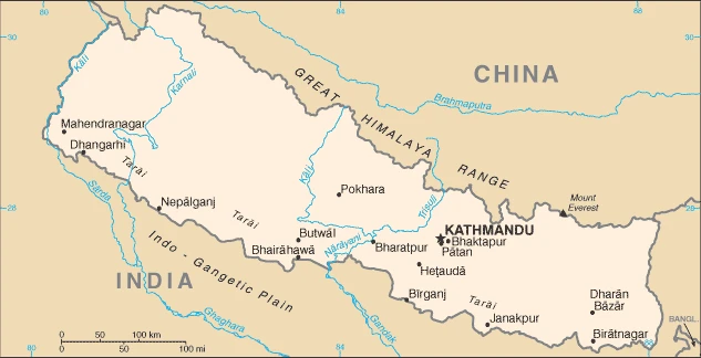 The overview map of the Nepali national land.