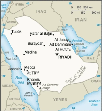 The overview map of the Saudi or Saudi Arabian national land.