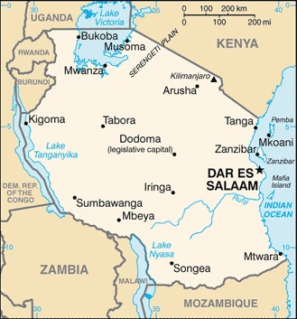 The overview map of the Tanzanian national land.