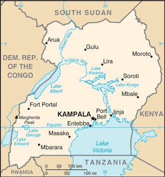The overview map of the Ugandan national land.