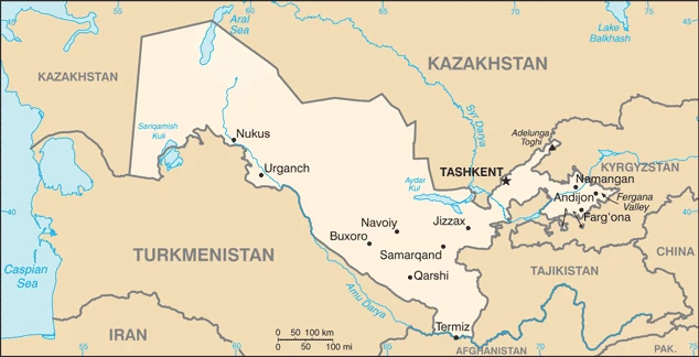 The overview map of the Uzbekistani national land.